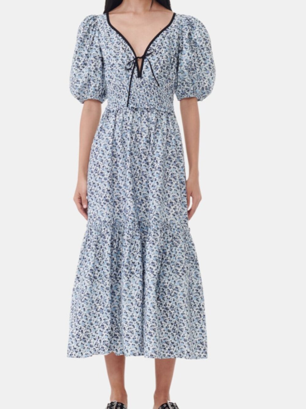 Ganni Blue Floral Printed Cotton Long Smock Dress size 36